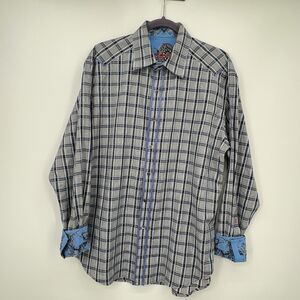Robert Graham Mens Button Up Ville De Paris Shirt Sz XL Check Gray Blue Cuff